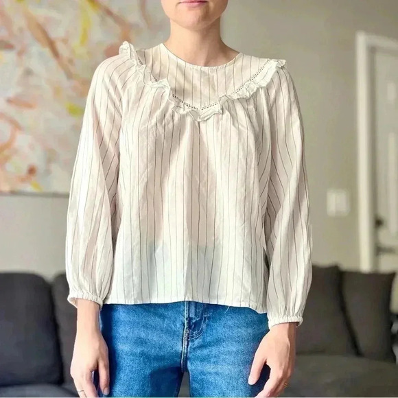 Madewell Tops - Madewell Ruffle-Yoke Prairie Top - Pinstripe Black and White - Size S